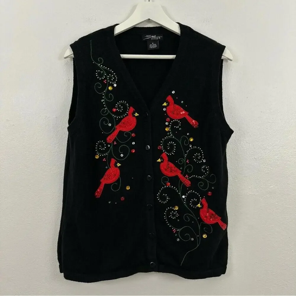 SML Design Women’s Holiday Cardinal Button Down Sweater Vest Size M ...